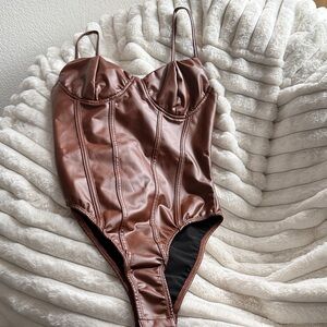 SHEIN Brown Faux Leather Bodysuit